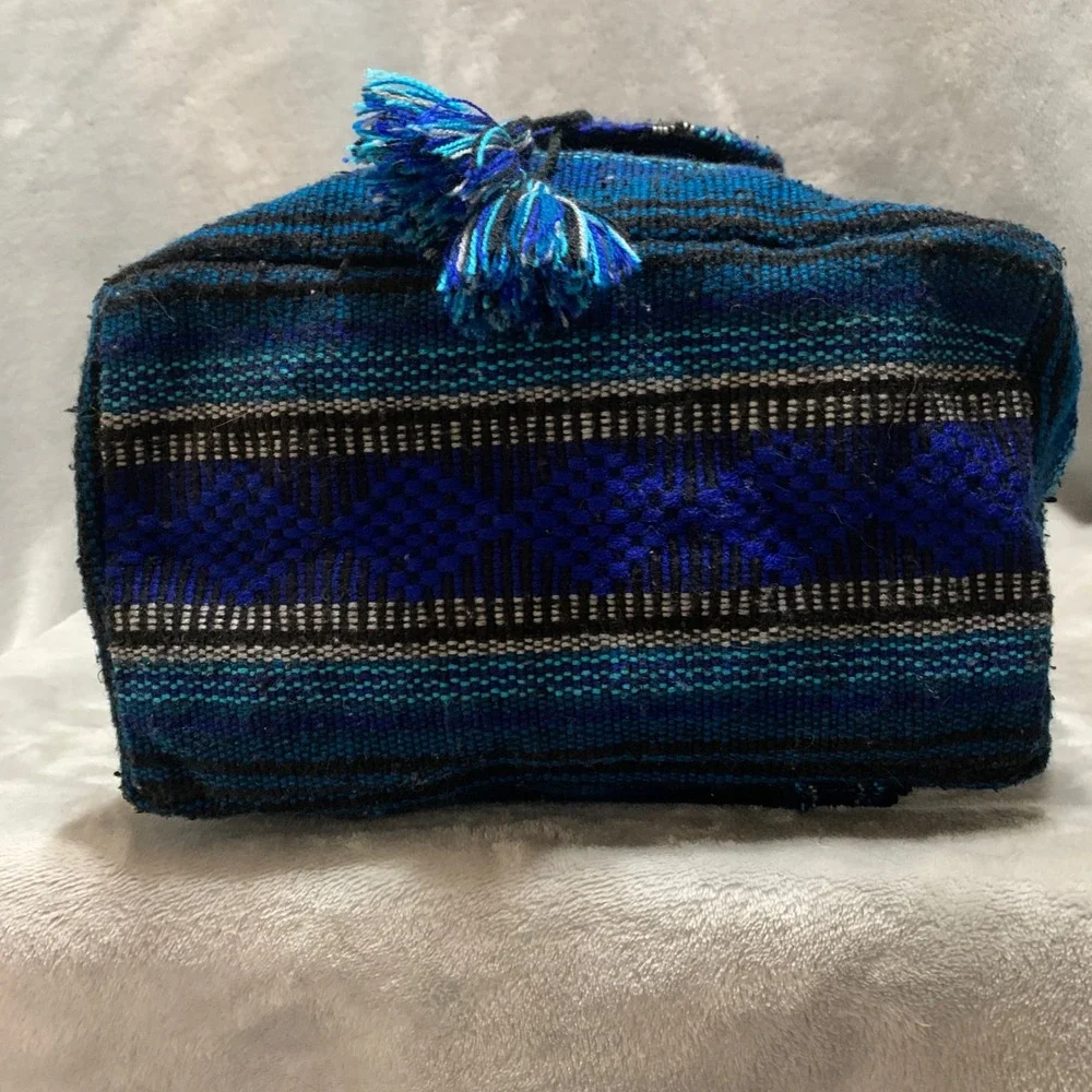 Lillo Woven Drug Rug Backpack Blue Black Striped Boho Drawstring Rucksack‎